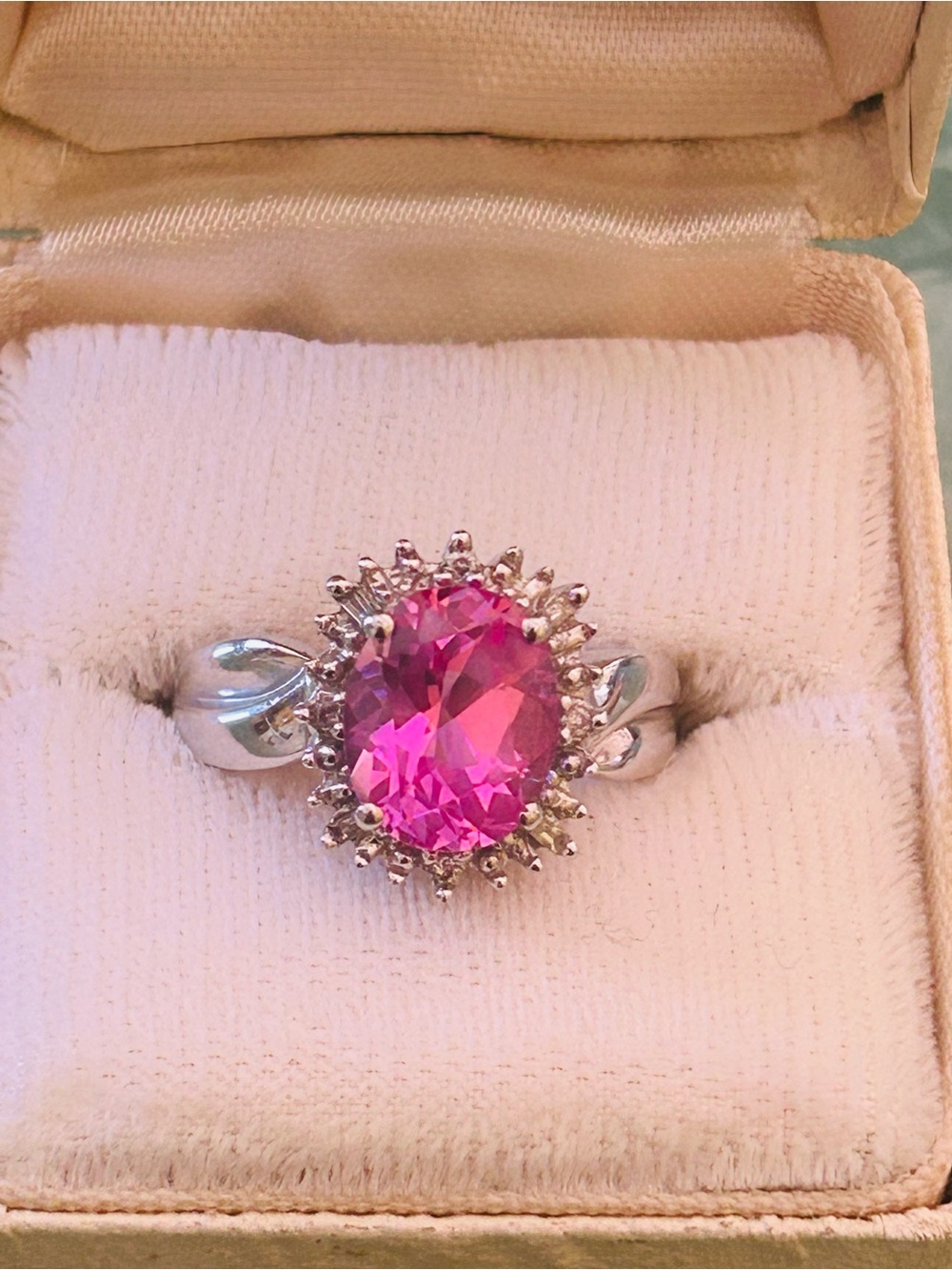 Pink Topaz and Diamond 10k White Gold Ring